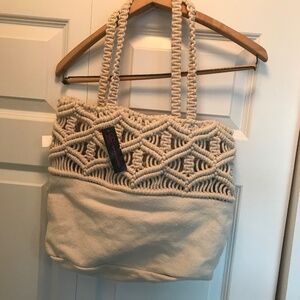 Boho canvas bag with macrame trim and woven handle